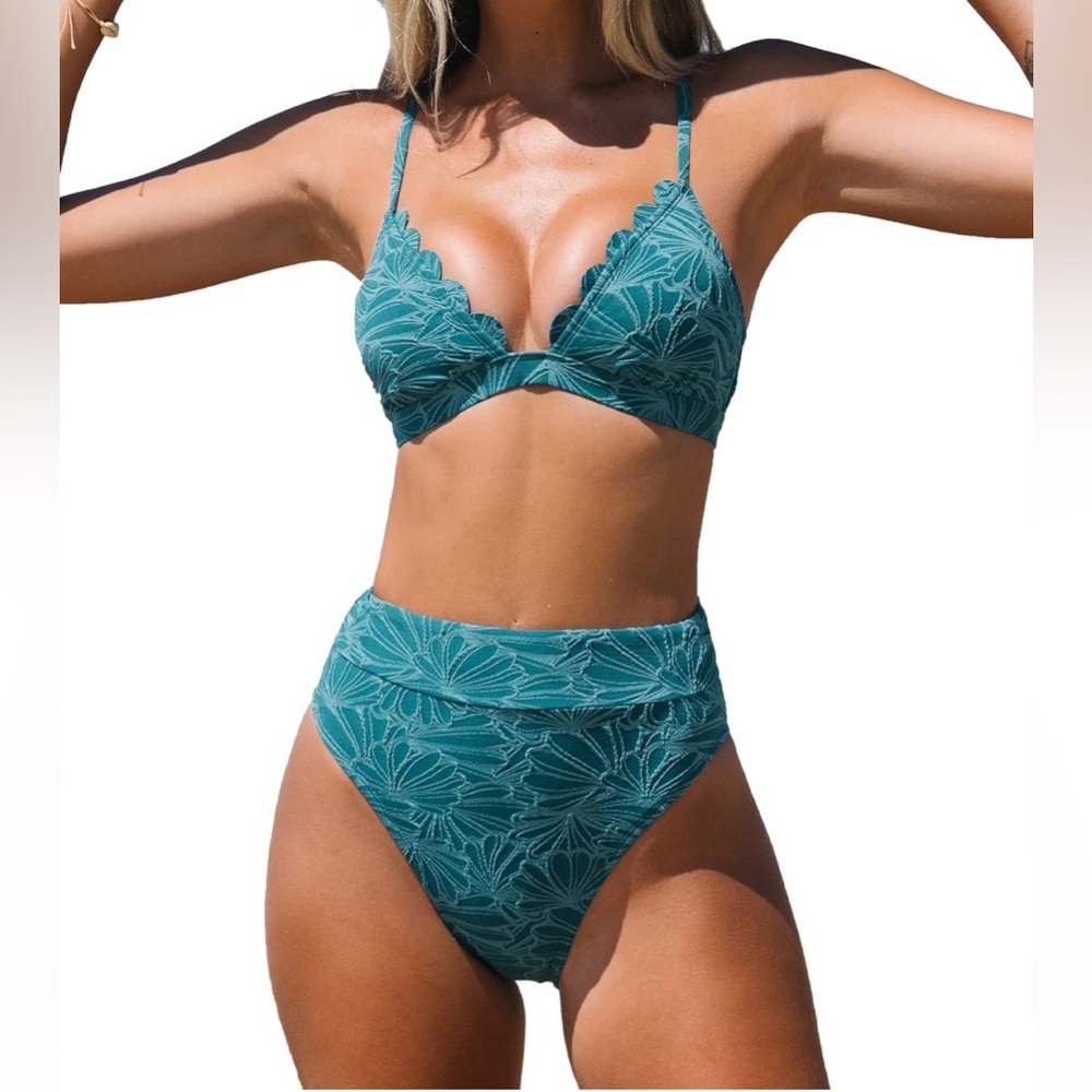 Cupshe Scalloped Bralette Bikini Top Cheeky High Waist Bottoms Teal Size XL